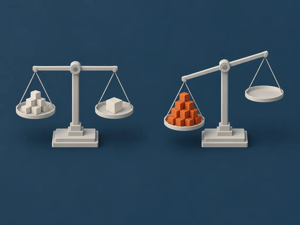 Two balance scales side by side. One hangs level, a small heap of pale cubes against a single finished block; the other is tipped hard by a much taller heap of orange cubes against an empty pan, showing a failed run that spent the most and produced nothing.