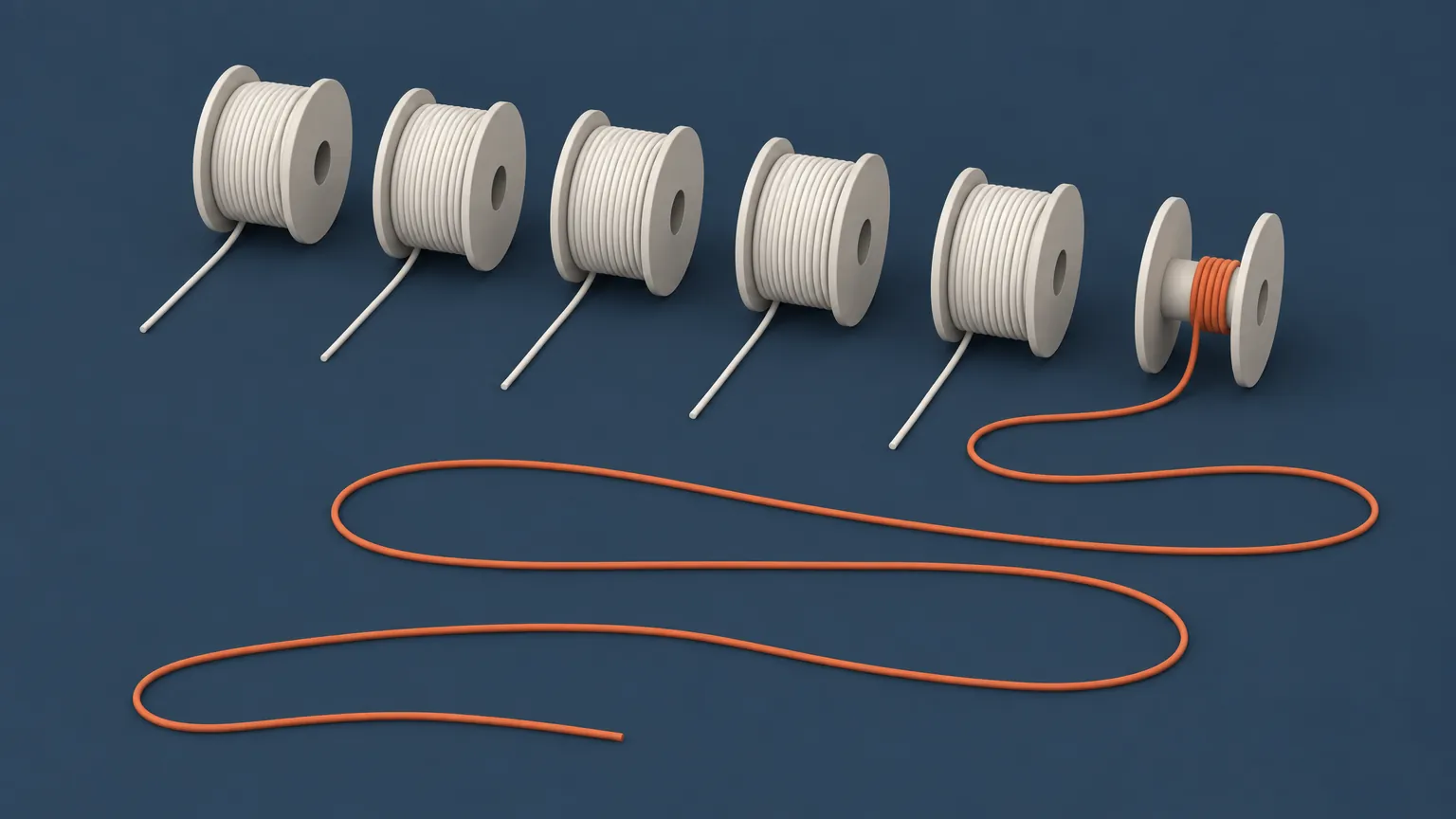 Six identical reels of cord: five have paid out a short, straight length, while one orange cord has run out in long loops that double back on themselves until its reel is almost bare, showing that an agent, not the forecast, decides how much of a task’s allowance it spends.