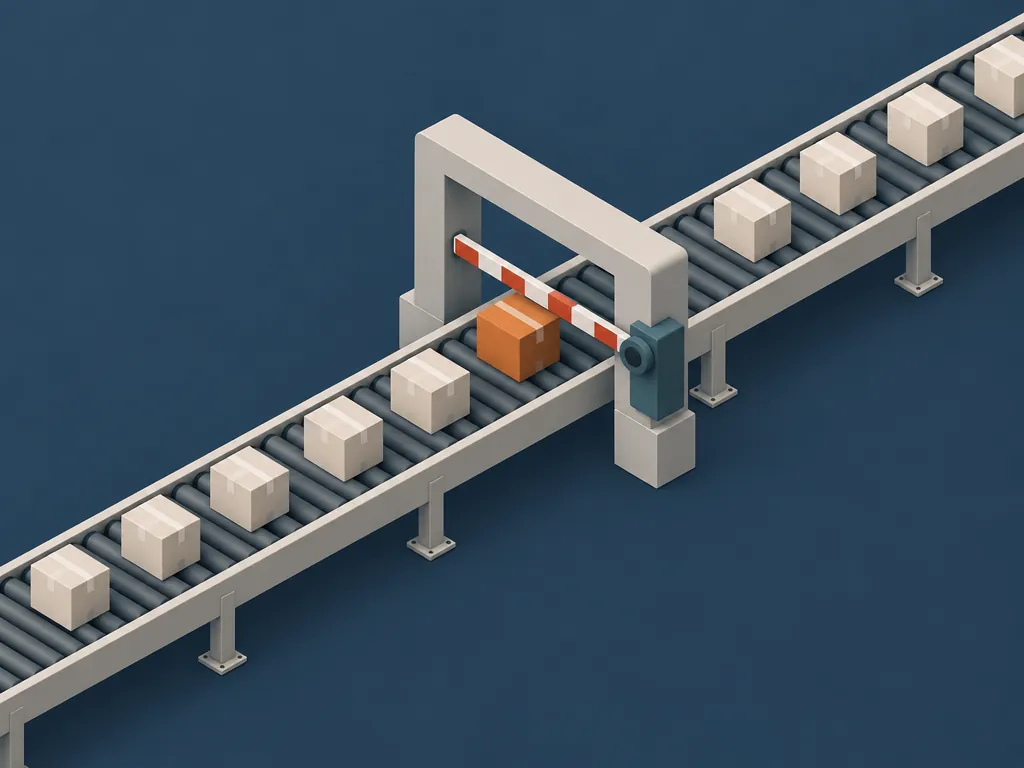 A conveyor passing through a gate. Pale parcels pass freely; one orange parcel is stopped by the barrier, showing a deploy gate that blocks on a named regression rather than on an average.