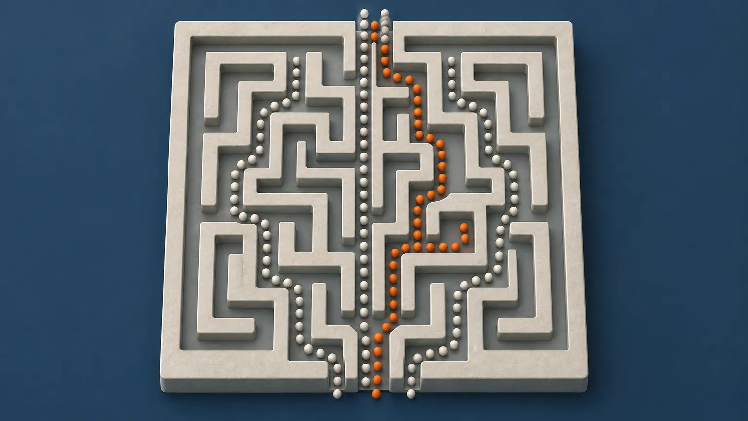 A stone maze with one entrance and one exit. Pale paths run straight through; one orange path detours into a dead end and doubles back before reaching the same exit, showing that a correct answer can hide a wrong path.