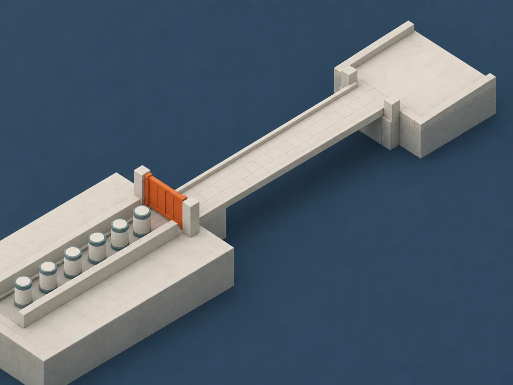 A line of pale canisters waiting on one plinth in front of a bridge to a second, empty plinth, with the bridge's entrance shut by an orange gate, showing residency-sensitive traffic that fails closed instead of falling back to another region.