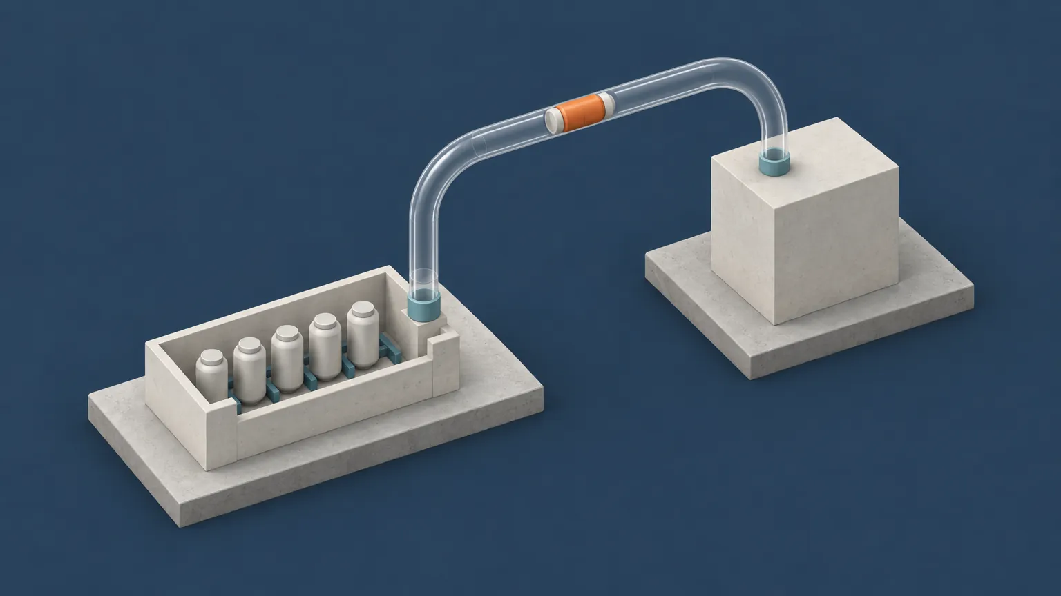 Two separate plinths joined by a transparent tube, with one orange canister crossing the gap from a walled enclosure to a plain block on the far side, showing a student's answer leaving infrastructure you chose for a model that may run in another country.