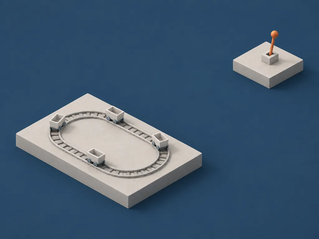 A busy oval track of pale carts on one plinth and, across an unbridged gap on a separate, higher plinth, a single orange lever that nobody has touched, showing a pilot running well while the purchasing decision sits with someone who was never part of it.
