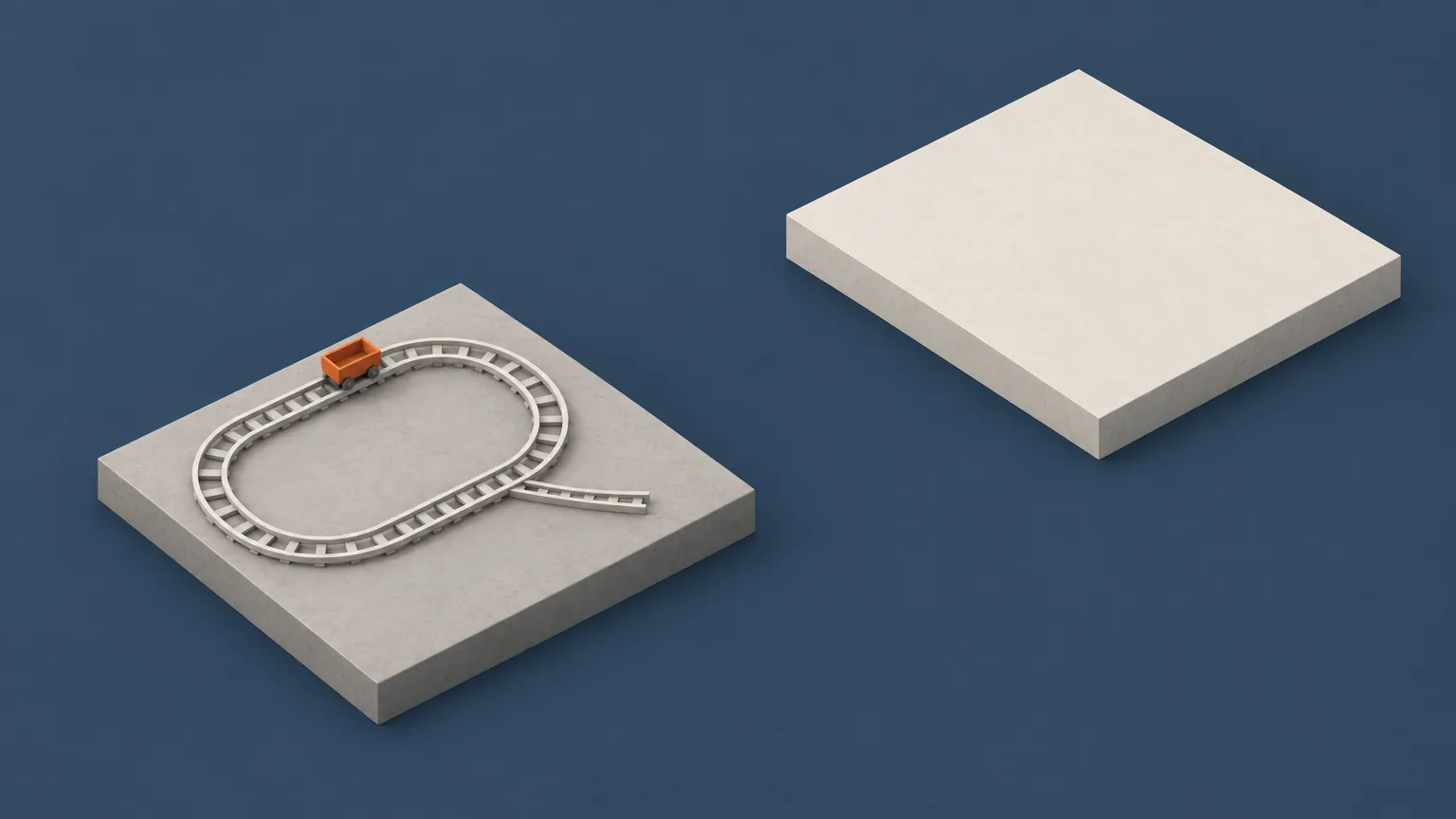 A small orange cart on a closed oval track, with a short spur that stops before the edge of its plinth and a larger platform standing unconnected beyond it, showing a pilot that was never given a way to convert or to end.