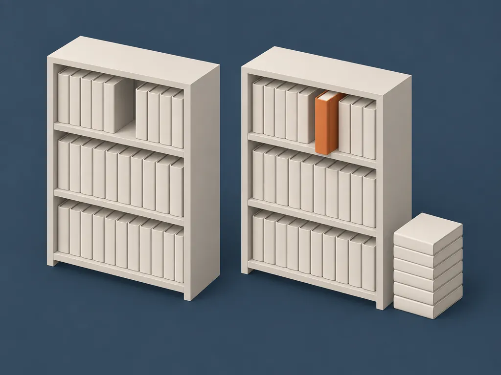 An original shelf with one empty slot beside a new shelf being filled from copies, where an orange copy of the removed book is being placed, showing how a backfill from a snapshot brings deleted documents back.