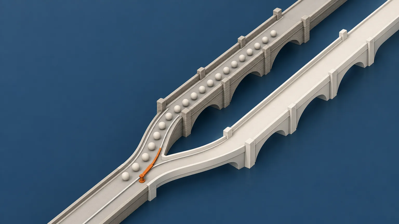 An old bridge carrying a line of tokens and a new, empty bridge built beside it, joined to the road by one orange switch rail, showing a migration in which the new index is built alongside and traffic moves only at the switch.