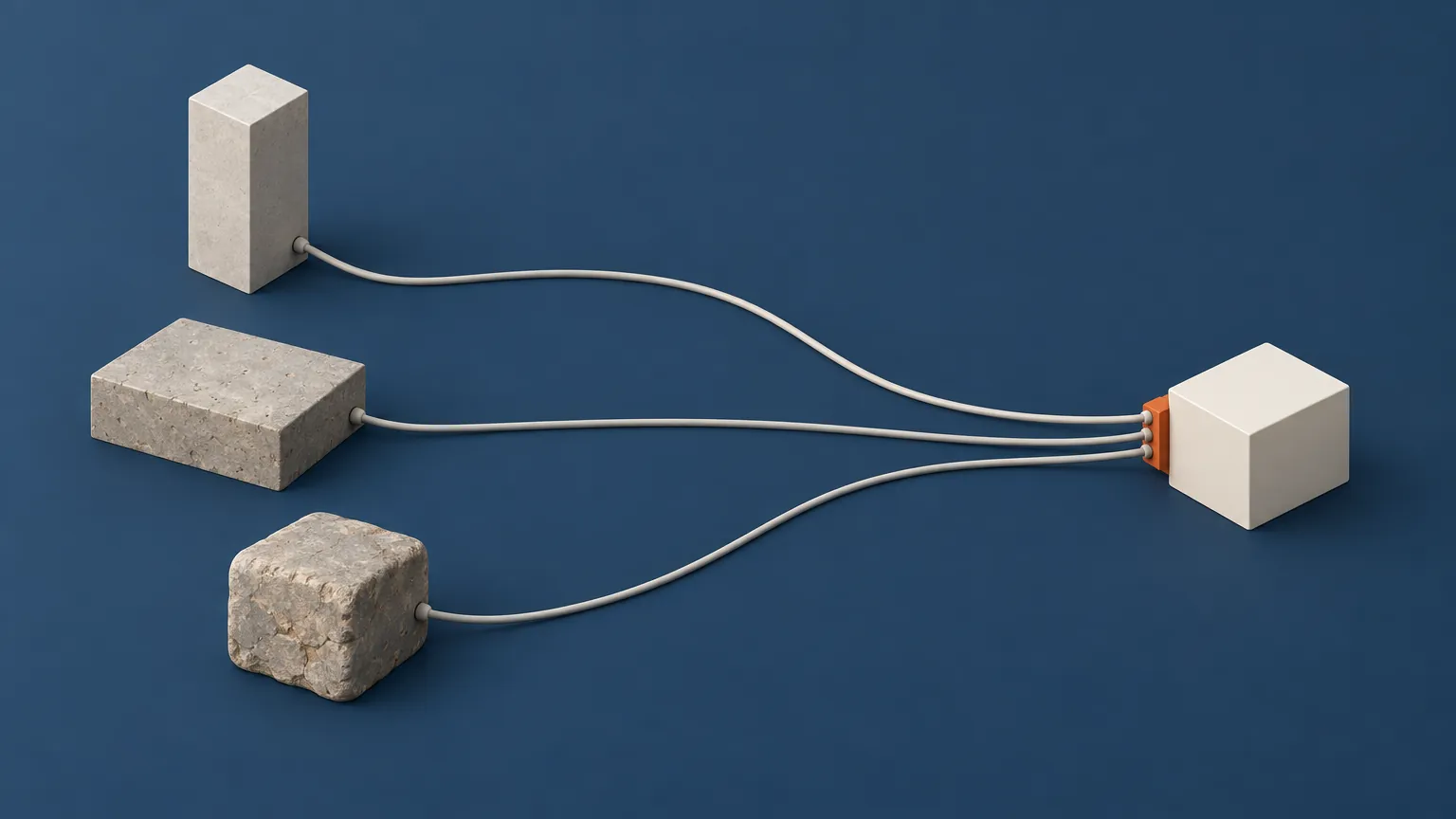 Three stone blocks of different shapes and ages, each cabled to the same small white block through one orange coupling, showing one Flutter module running against several native hosts that ship on their own schedules, all joined to it through the same channel contract.