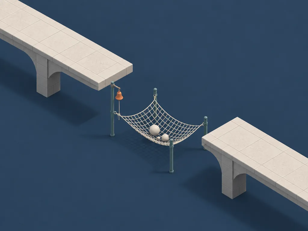 A walkway that stops short of the next, with a net beneath the gap catching small spheres and an orange bell tied to the net, showing a fallback that still announces every call it catches: degrade gracefully, but count every call that reaches an unimplemented method.