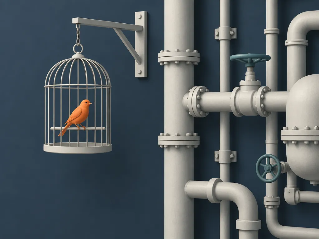 A small orange canary in a cage hanging beside pale industrial pipework, standing for synthetic canaries: known-bad outputs injected on a schedule to prove each validator is still alive.