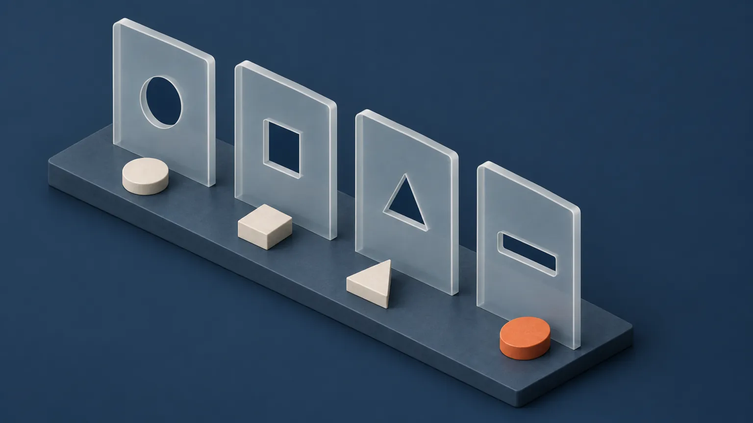 Four upright panels with holes of different shapes, each with the pale tokens it stopped lying at its foot. One orange disc has passed three panels and rests in front of the fourth, showing layers whose failure modes differ.