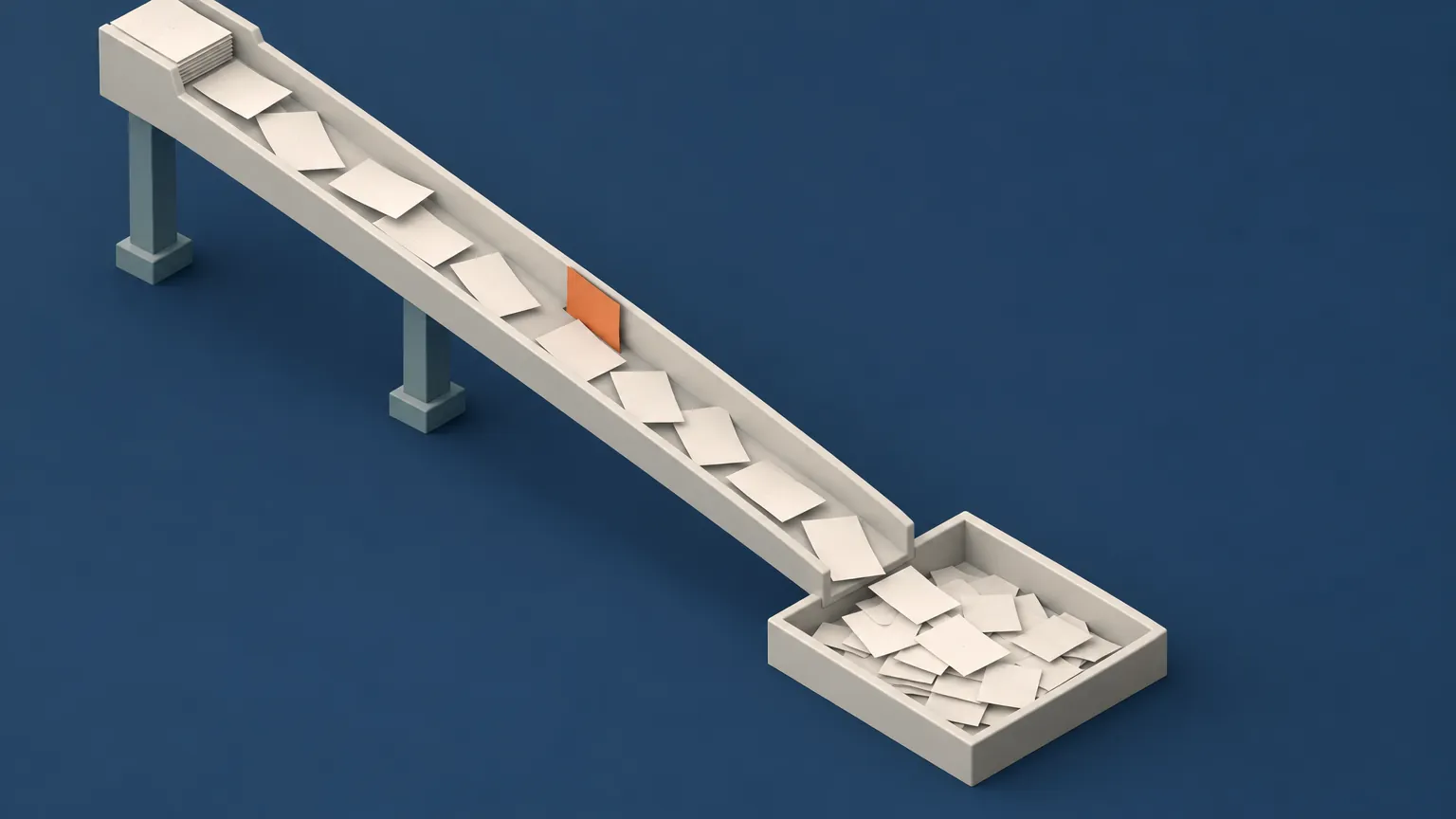 A stone chute feeding pale sheets into a tray, with one orange sheet caught partway down, showing how the one document an answer needs can fail to reach the model while everything else flows on.