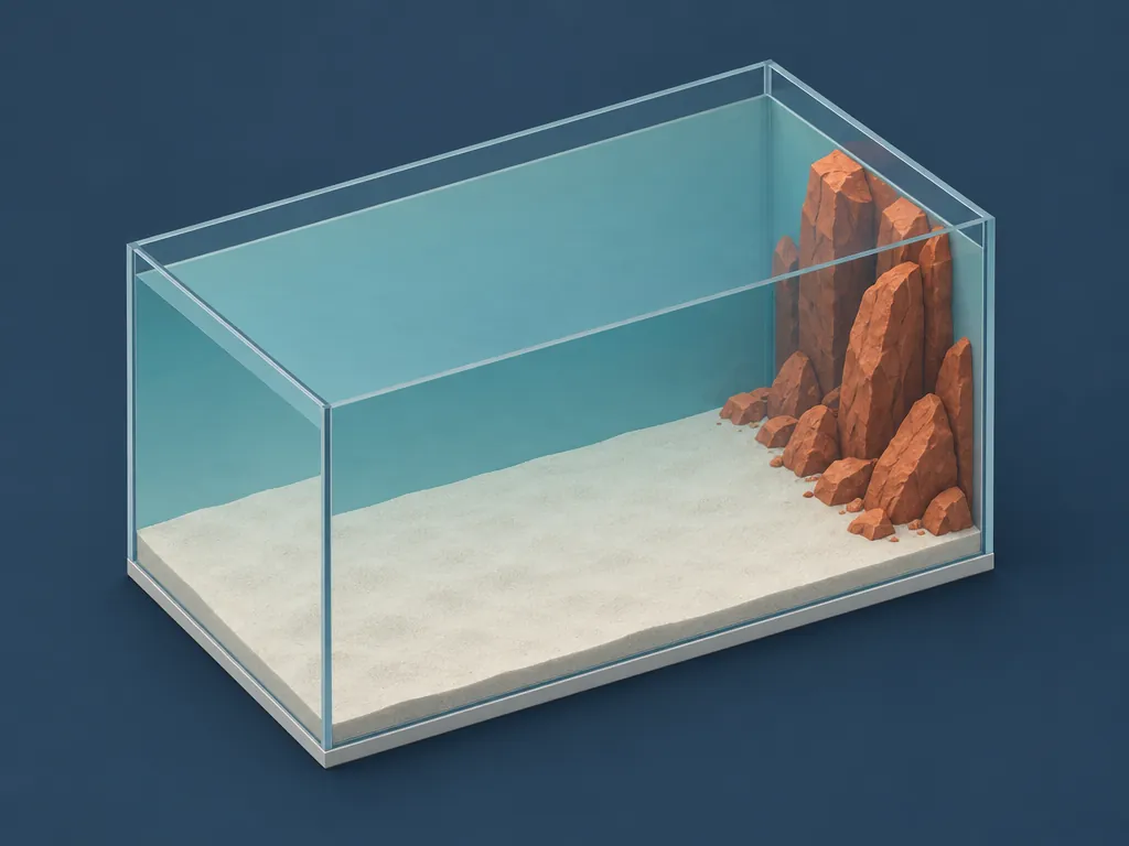 A glass tank of perfectly still water whose level surface hides a cluster of sharp orange rocks in one corner of an otherwise smooth floor, showing how an average can stay flat while one group of queries gets worse.