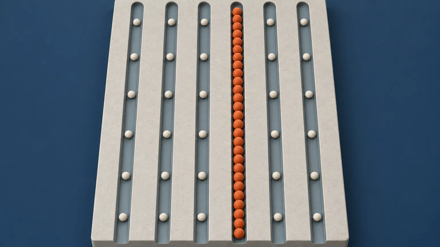 Six parallel channels cut into a stone slab, each carrying small tokens. Five flow freely; one is packed solid with orange tokens, showing that splitting data across shards does not split the load.