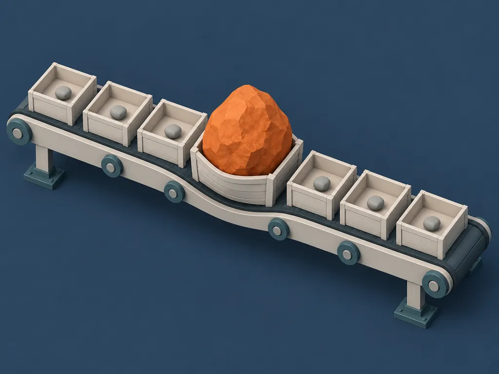A row of identical crates on a conveyor. Most hold a single pebble; one holds a boulder far too large for it, its sides bowing, showing how tagging keys by tenant pins the largest tenant to one slot.