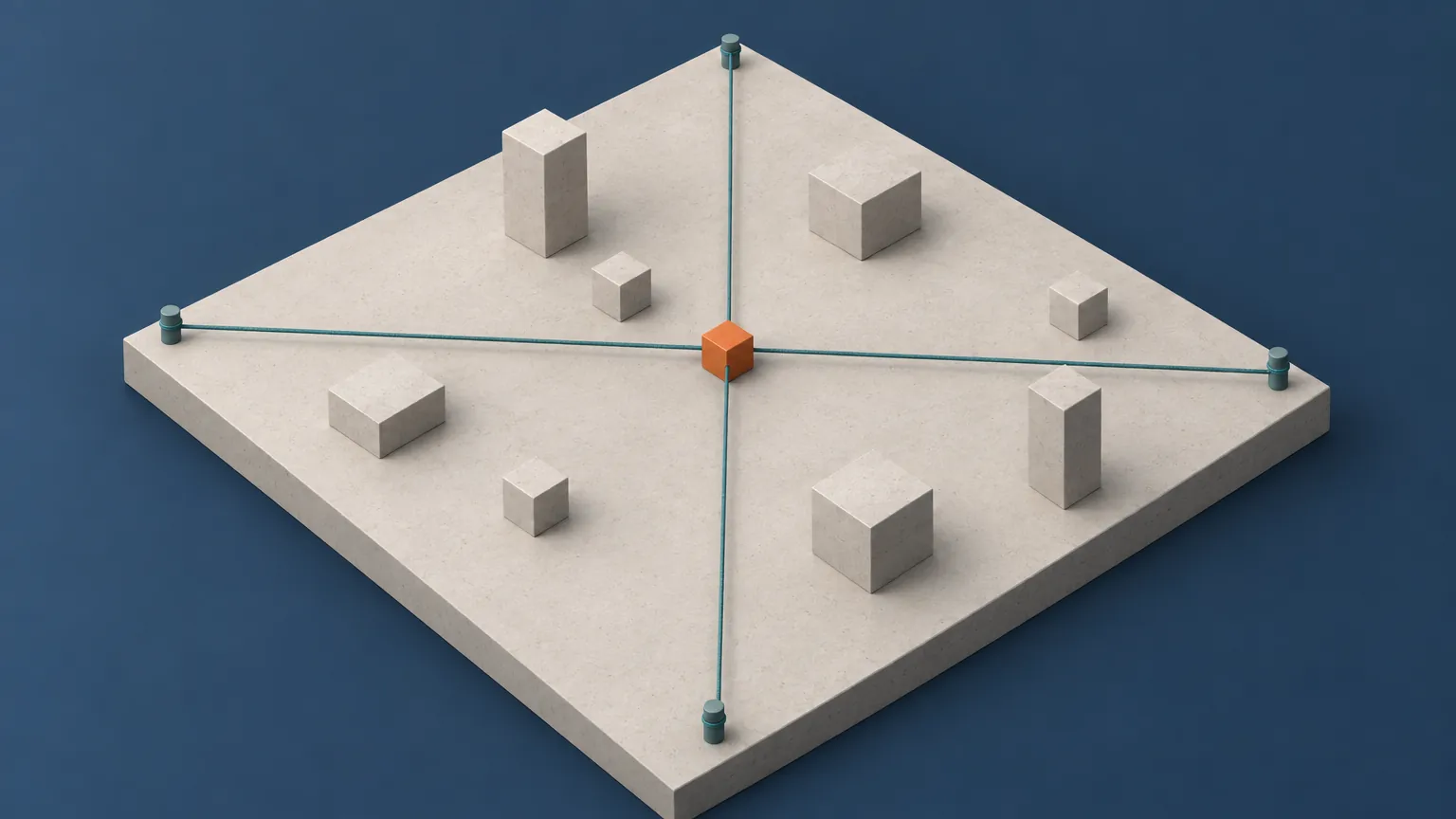 A stone slab crossed by two taut teal threads, with pale blocks scattered across it and one orange block standing where the threads cross, showing the article's method: write down the latency budget and the index size first, and let those two numbers pick the store.