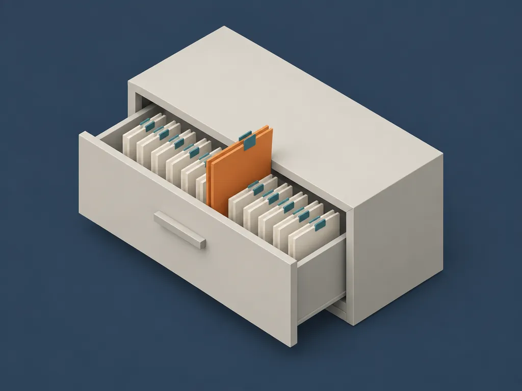 A drawer of pale folders, each with a small teal clip attached; one orange folder is lifted out and its clip comes with it, standing for vectors kept beside the rows they describe, so that deleting a document never becomes an eventual-consistency problem.